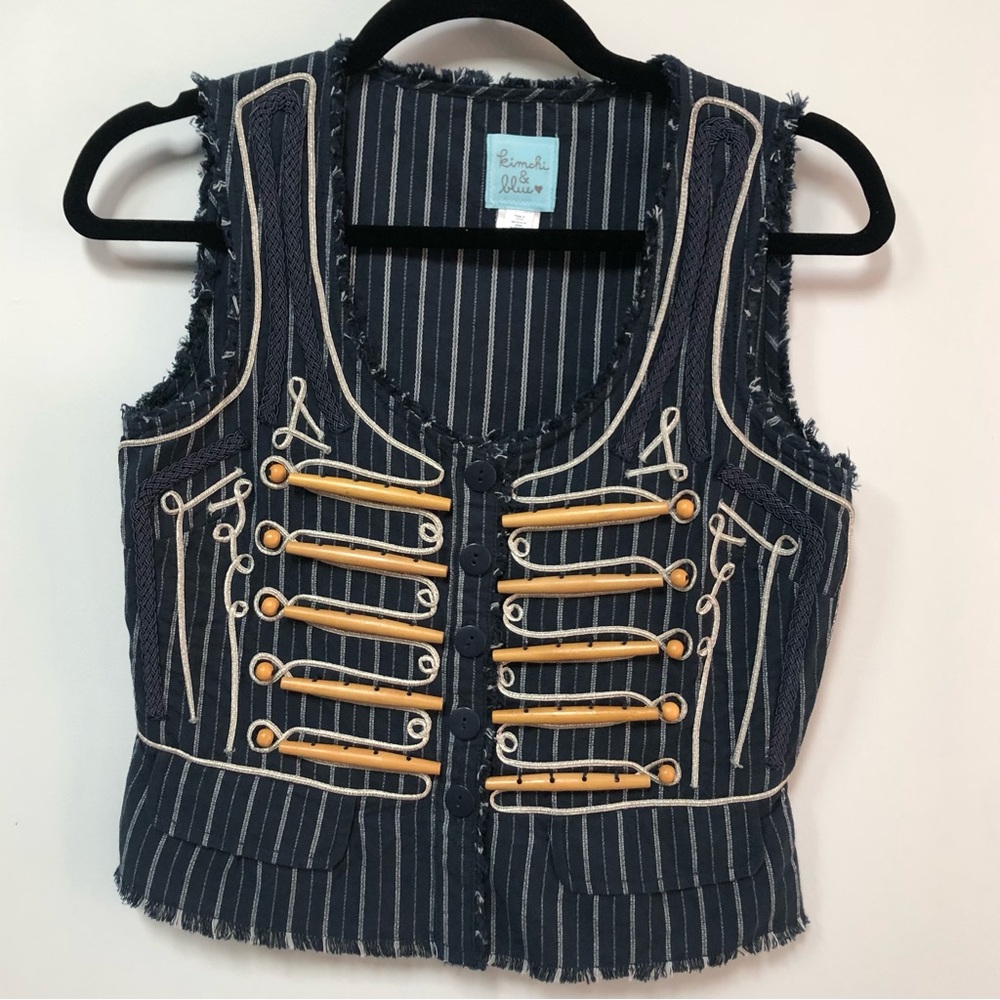 Kimchi&blue linen blend conductor boho vest blue and white wood buttons size S